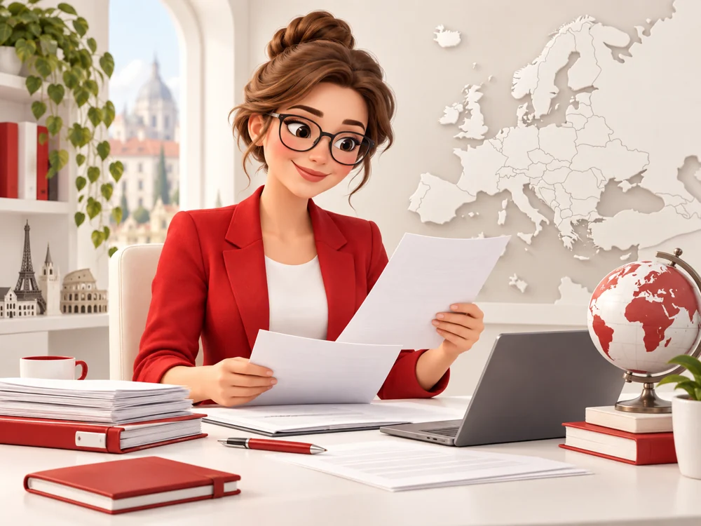 Doradca podatkowy z dokumentami i mapą Europy